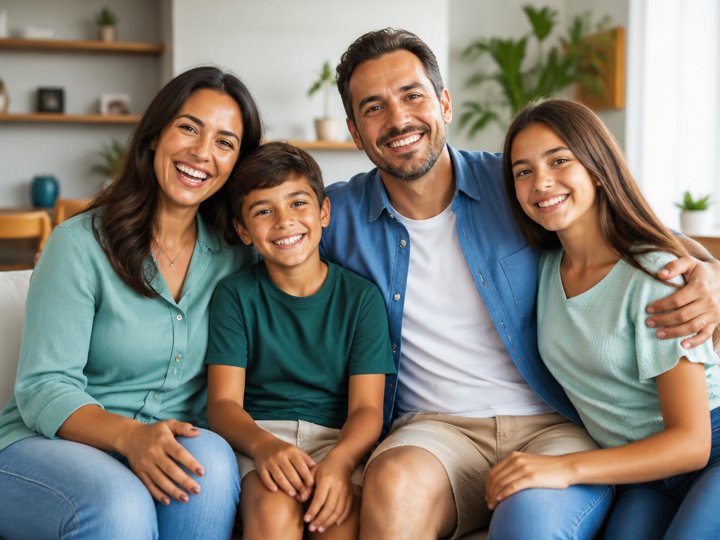 Família sorrindo, representando o cuidado com a saúde de quem você ama